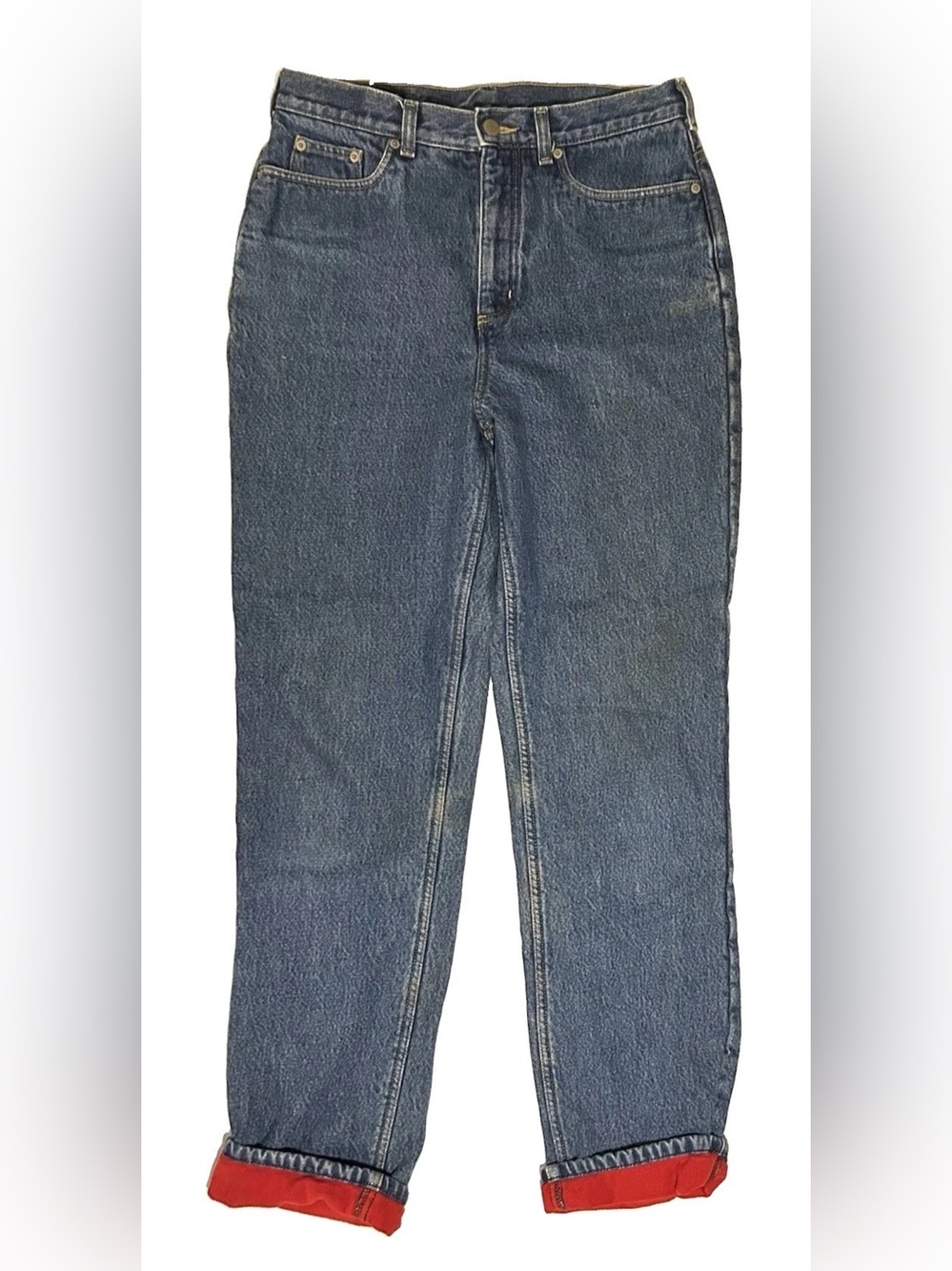 Lands' End Fleece Lined Blue Jeans Women's 10 High Rise Red Lining Denim Mom 90s